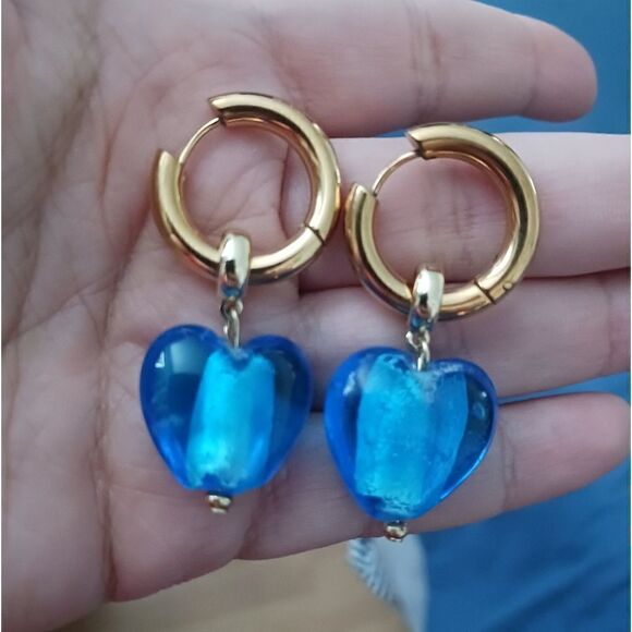 Blue Art Glass Heart Earrings - Picture 4 of 5